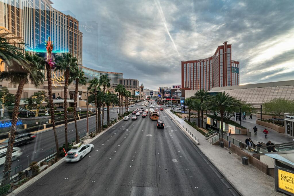 A scenic view of Las Vegas with cars on the road during the holidays. — road trip towing Las Vegas holidays