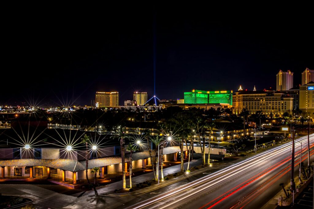 A nighttime image of a tow truck with lights flashing in Las Vegas — emergency towing las vegas